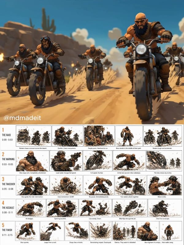 Create a cinematic 15-second post-apocalyptic desert action sequence featuring Brax. Use: @BraxRef… prompt example