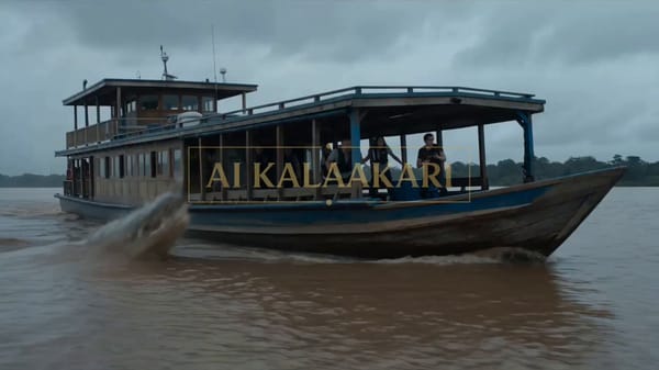 Cinematic action horror sequence on a turbulent, muddy Amazon river under an overcast stormy sk…