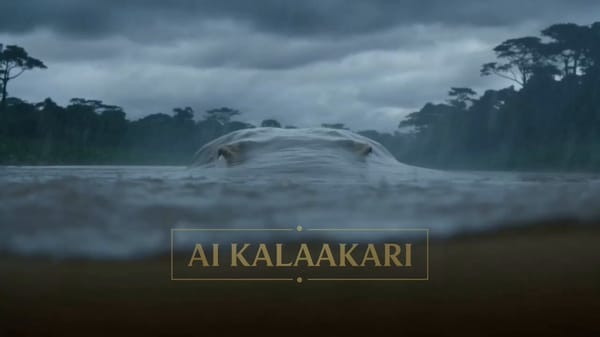 Cinematic action horror scene on a stormy river during heavy rain with dark overcast skies. A m…