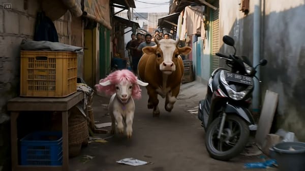 Ultra realistic cinematic video of a white goat wearing a fluffy pink wig and a giant brown cow esc… prompt example