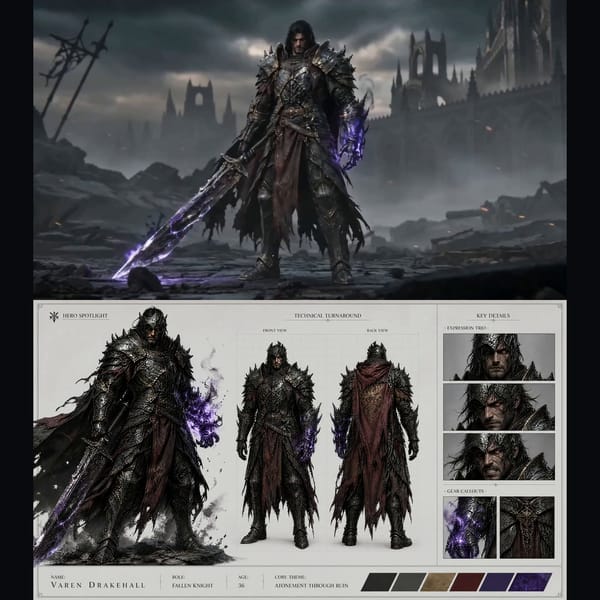 Dark fantasy cinematic intro sequence, storm-covered ruined battlefield at night, burning ember…