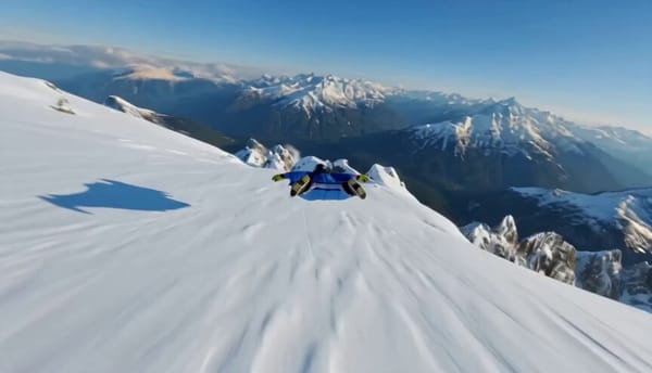 High-speed FPV drone shot tailing a wingsuit flyer skimming mere feet above a jagged, snow-capp…