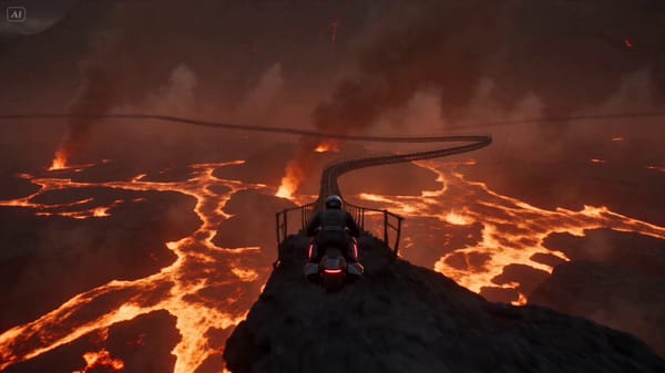 Hyper-realistic cinematic sequence. A rider grinds at extreme speed along a suspended industria…