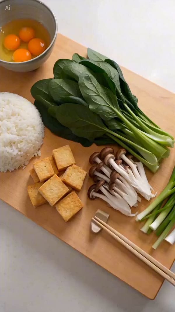 Panel 1: A beautiful overhead shot of ingredients lined up on a cutting board. Mixed grain rice…