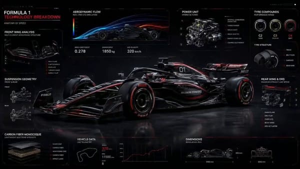 A cinematic 12-second futuristic Formula 1 infographic animation in a dark premium studio envir…