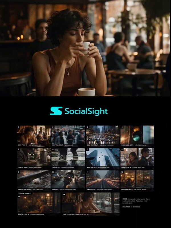Ultra-stylized cinematic urban storyboard, 15-second fast-paced city-life montage with emotiona…