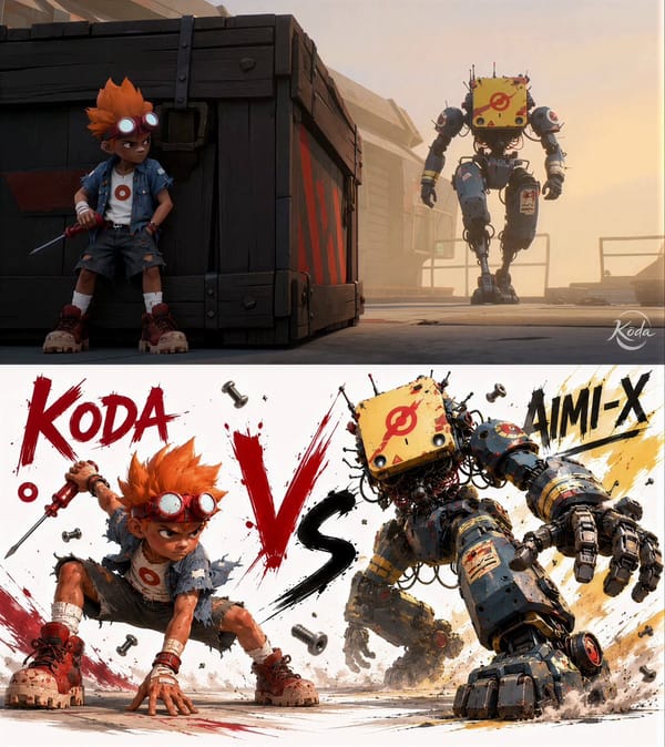FORMAT: 15s / 12 shots / rapid staccato sabotage action SUBJECTS: Koda from @[image1] , tiny fast c… prompt example