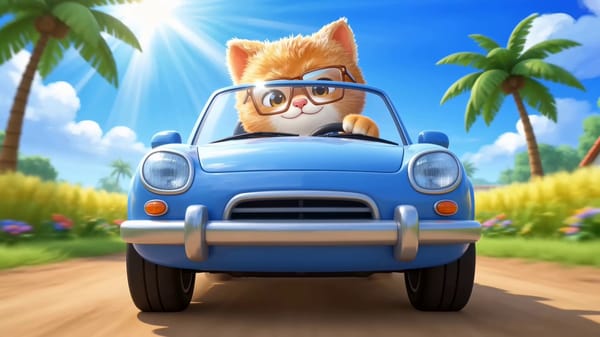 A fast, energetic cartoon action sequence of the cool cat driving through a sunny village road.…