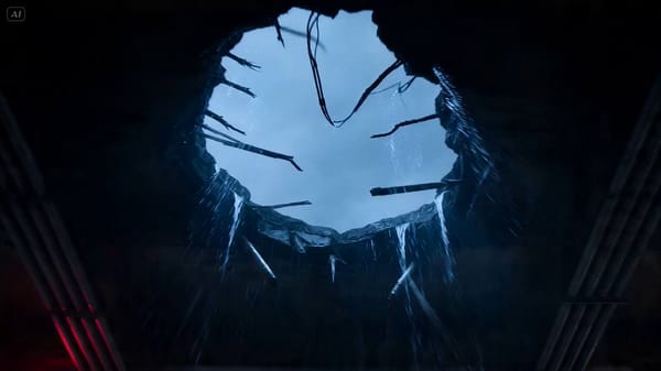 A cinematic 15-second fight sequence inside an abandoned flooded subway station lit by flickeri…
