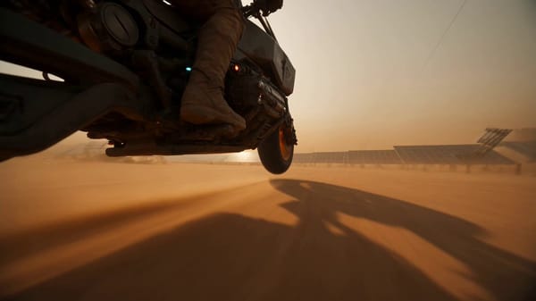 15-second cinematic video of a post-apocalyptic desert nomad racing a heavily armored anti-grav…