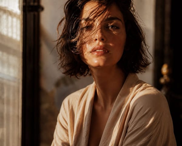Cinematic editorial close-up of an elegant young woman with a tousled chin-length brunette bob,…