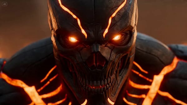 A cybernetic berserker with glowing orange energy veins, exposed mechanical jaw, dual flaming c…