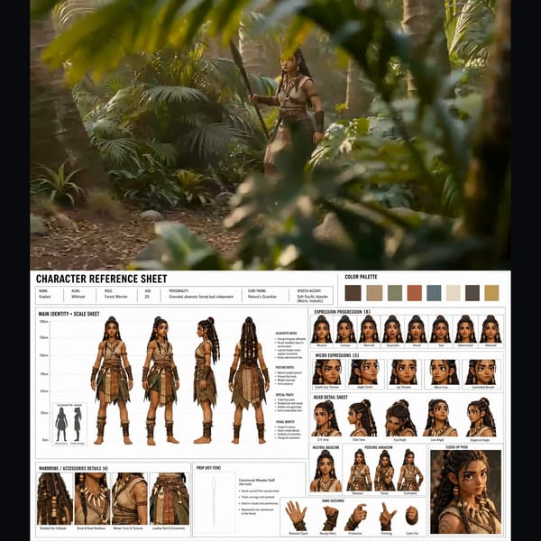 Young female forest warrior from@[Image1] , Cinematic fantasy jungle sequence at golden hour, d…