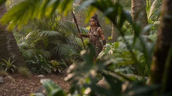 Young female forest warrior from@[Image1] , Cinematic fantasy jungle sequence at golden hour, d…