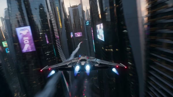 Ultra-realistic futuristic racing aircraft weaving through a neon megacity canyon at sunset. Va…