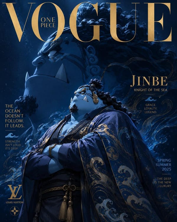 Luxury anime fashion magazine cover inspired by Vogue and haute couture editorials, One Piece chara… prompt example