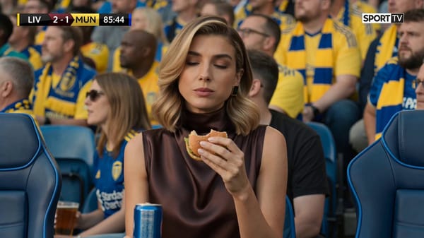 Ultra-realistic sports broadcast still of a glamorous woman sitting in a packed football stadium cr… prompt example