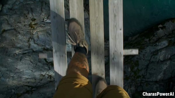 POV composition, camera angle, Replace the wooden bridge and water environment with an ultra-mo…