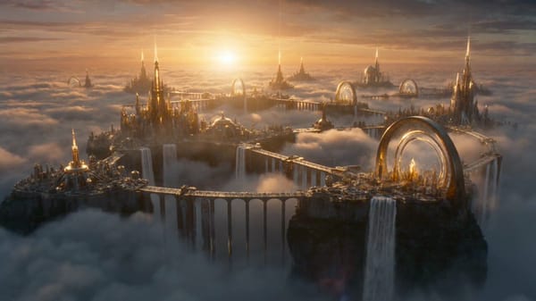 Ultra-cinematic fantasy sequence above a colossal floating empire suspended high above endless…