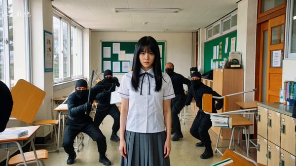 In a telekinetic action scene, a South Korean high school girl in a white short-sleeved shirt a…