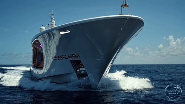 Dramatic close-up focusing on the name 'FUTURISTIC AGENT' emblazoned on the yacht’s hull. Waves…
