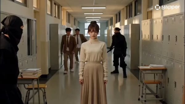 In a telekinetic action scene, a South Korean high school girl in a white short-sleeved shirt and g… prompt example