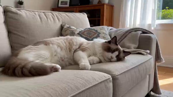 A cute Ragdoll cat sleeping on the living room sofa. prompt example