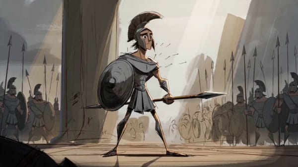 15-second continuous single-shot. No cuts. No scene transitions. Style: stylized ancient Greek…