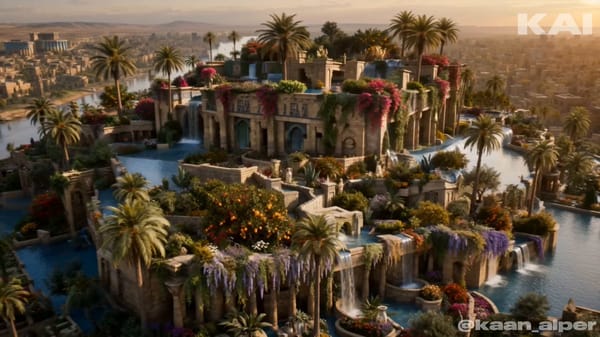 Photorealistic historical reconstruction of the Hanging Gardens of Babylon at golden hour, majestic… prompt example