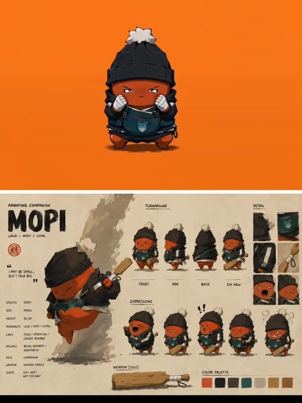 Create a cinematic 15-second anime comedy mascot sequence of Mopi alone inside a pure orange se…