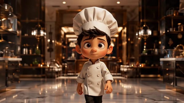 Frame 1: Cute cartoon chef boy walking slowly into grand hotel kitchen, camera slowly zooming o…