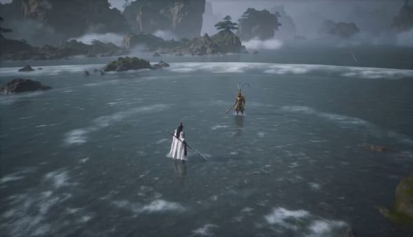 Epic AAA fantasy martial arts battle in a giant flooded canyon beneath dark storm clouds. Ultra…