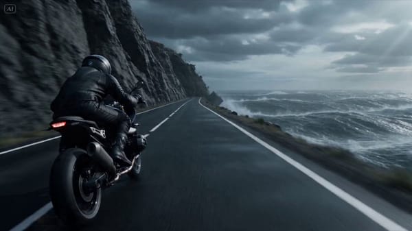 Hyperrealistic cinematic coastal disaster, ocean cliff highway, violent atmospheric storm surge…