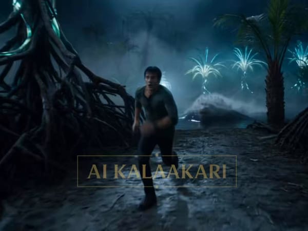 Nightmare jungle island. Black water lake surrounded by twisted mangrove roots, giant ferns, strang… prompt example