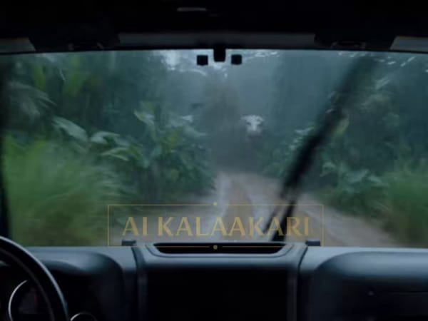 Hyper-real B-movie creature-feature action. Tropical jungle. Heavy rain from a recent storm. Ov…