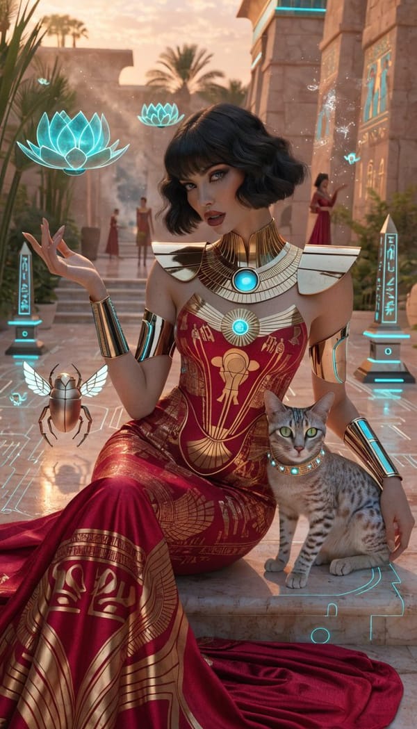 Photorealistic retro-futuristic Egyptian cyberpunk queen seated regally on polished temple steps in… prompt example