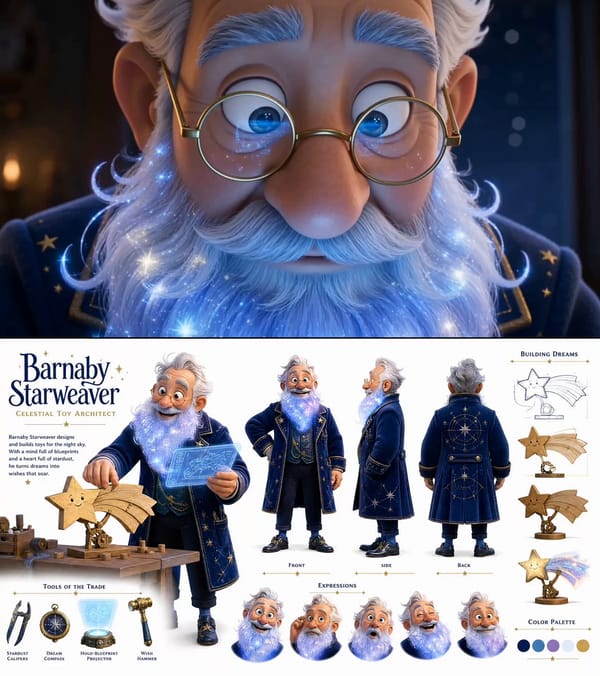 Pixar-inspired celestial toy architect character sheet showing Barnaby Starweaver, an elderly man w… prompt example