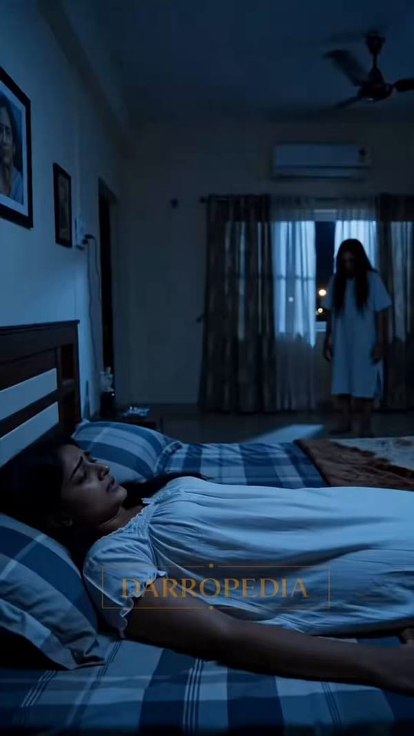 Scene / Setting Night. Small Indian bedroom. Bed against wall. Ceiling fan slowly spinning. Faint s… prompt example