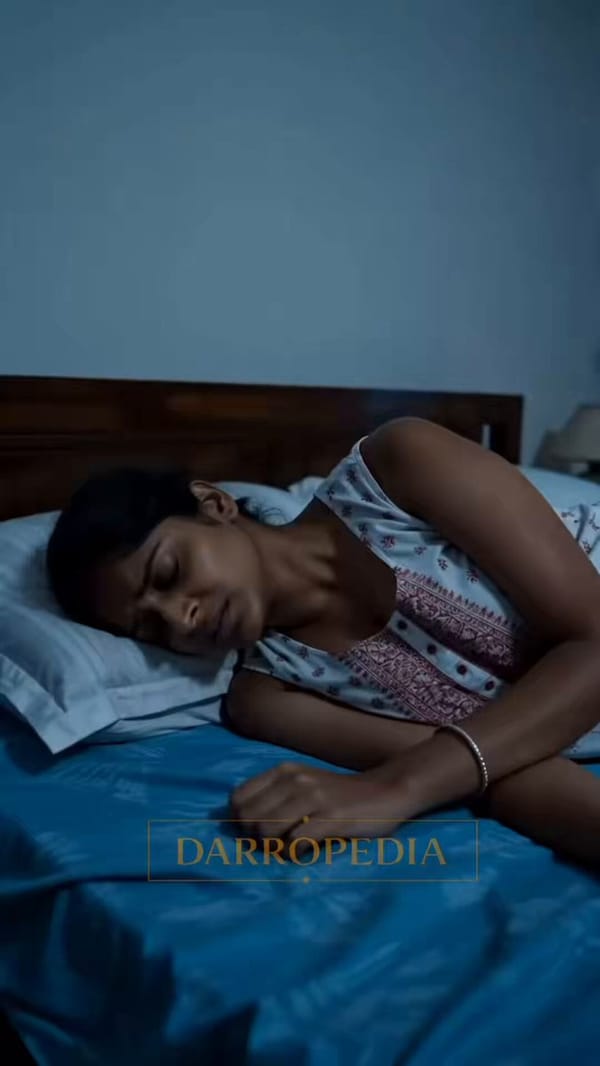 Scene / Setting Night. Small Indian bedroom. Bed against wall. Ceiling fan slowly spinning. Faint s… prompt example