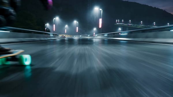 A fearless female downhill longboard courier with asymmetrical black hair, reflective racing glasse… prompt example