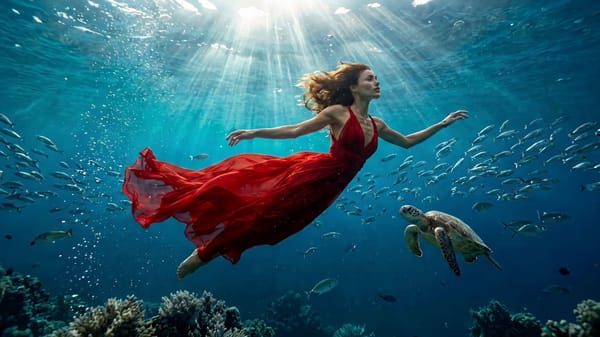 [ Image1 ] sets the look: same woman in a long flowing red chiffon dress swimming underwater in cry… prompt example