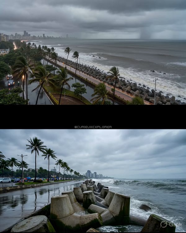 Aerial hyper-time-lapse from Worli Sea Face at 12:00 PM. The Arabian Sea slaps violently agains…