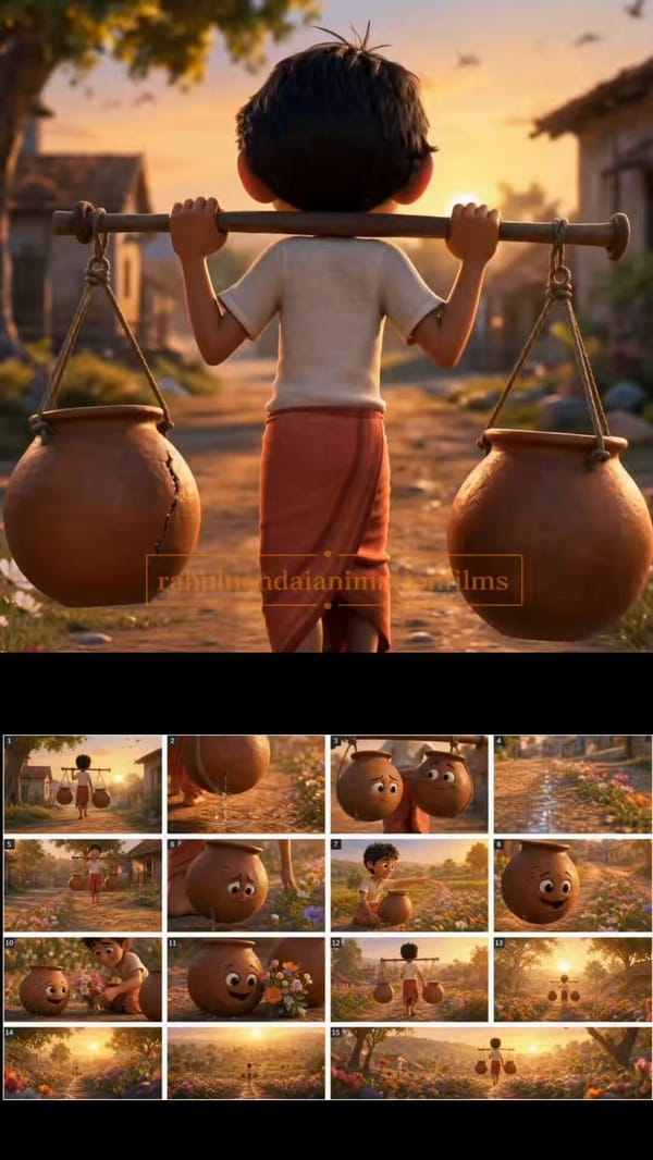 Duration: 15 seconds Style: Pixar-quality animated short film, warm Indian village atmosphere,…