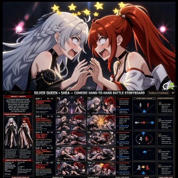 Follow this @Image1 storyboard exactly. Generate a 10-second comedic hand-to-hand battle anime…