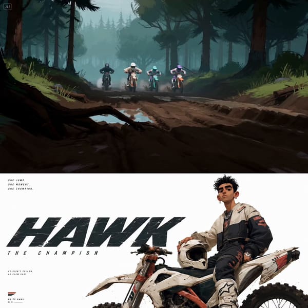 SUBJECTS: Four professional motocross riders. The protagonist rider @ image1 rides White Falcon…
