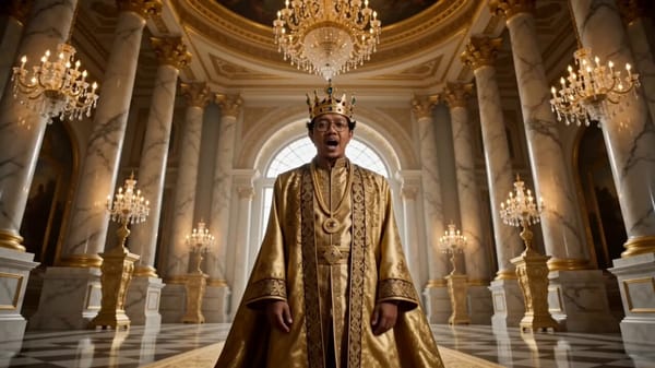 A man wearing an ultra-luxurious golden royal king costume with a jeweled crown, rapping with c…