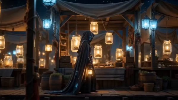 A floating bazaar above the clouds, where memories breathe as light. Each glowing jar holds a s…