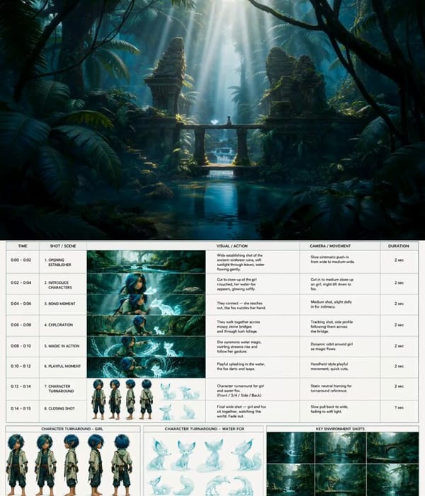 Duration: 15 seconds Style: Fantasy animation, cinematic photorealism, whimsical adventure, volumet… prompt example