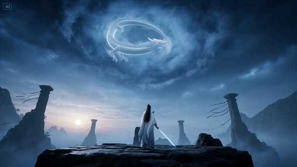 Style: 3D cinematic wuxia fantasy, stylized realism, mythic martial arts atmosphere, elegant wi…