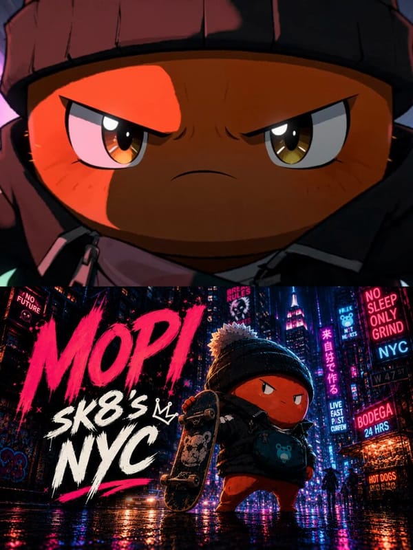 Create a cinematic 15-second anime urban comedy sequence. Use: @mopi as character reference @mo…